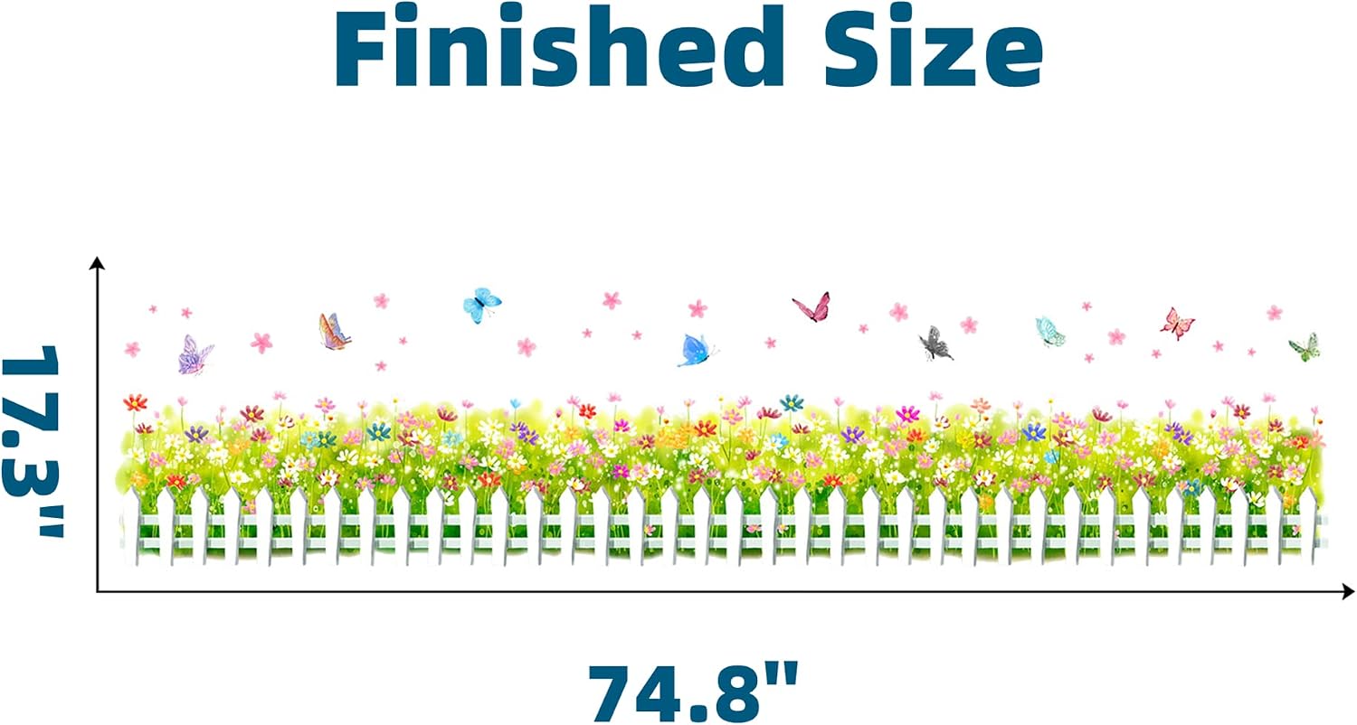 Colorful Flower Butterfly Fence Wall Decals Living Room Baseboard Skirting Line Wall Stickers Removable Peel and Stick Waterproof Wall Art Decor Stickers for Bedroom Bathroom Office