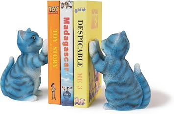 Cute Cat Bookends for Shelves, Heavy Duty Bookends, Decorative Bookends for Kids Books, Non-Skid Design, Blue Cat Statue Enthusiasts Gifts
