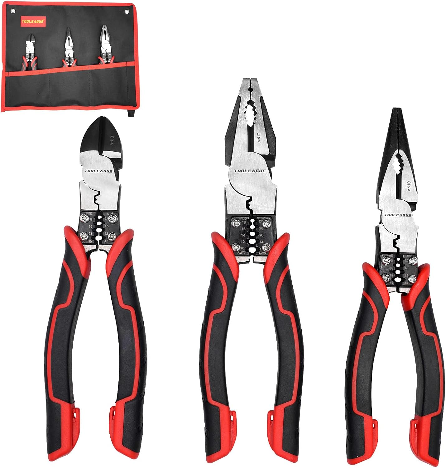 TOOLEAGUE 3Pcs Heavy Duty Pliers Set, 5 in 1 Lineman Pliers, Diagonal Side Cutting Pliers
