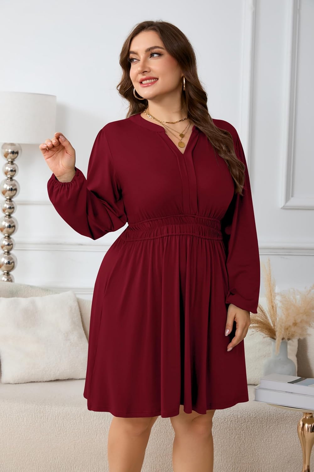 Plus Size Dresses Womens Casual Elastic Waist Long Sleeve V Neck Midi Flowy Dress with Pockets - Image 5