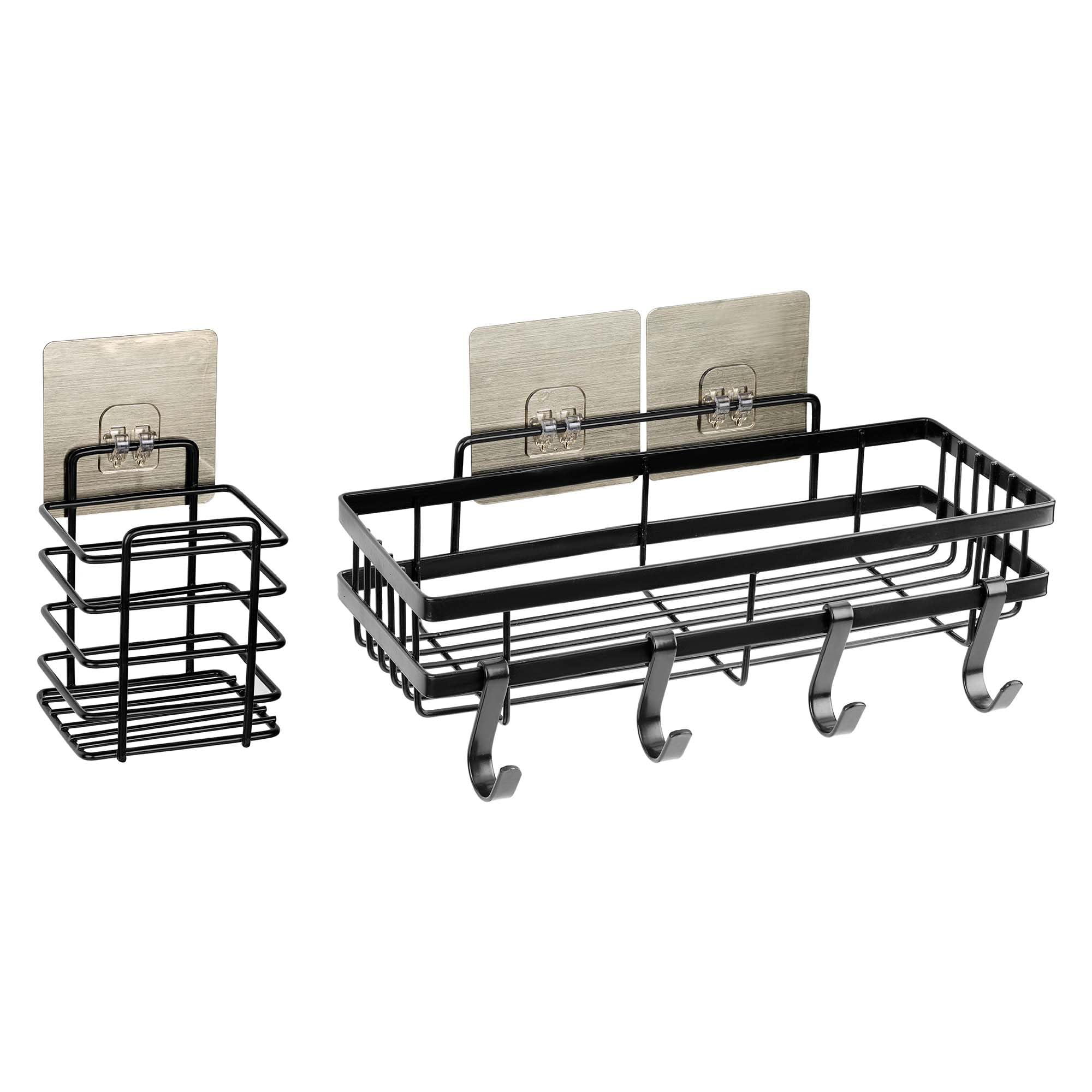 LWVAX Metal 4 Hooks Bathroom Wall Mounted Shelf with Toothbrush Holder Self Adhesive Organizer & Wall Storage Rack for Kitchen - Black - Pack of 2