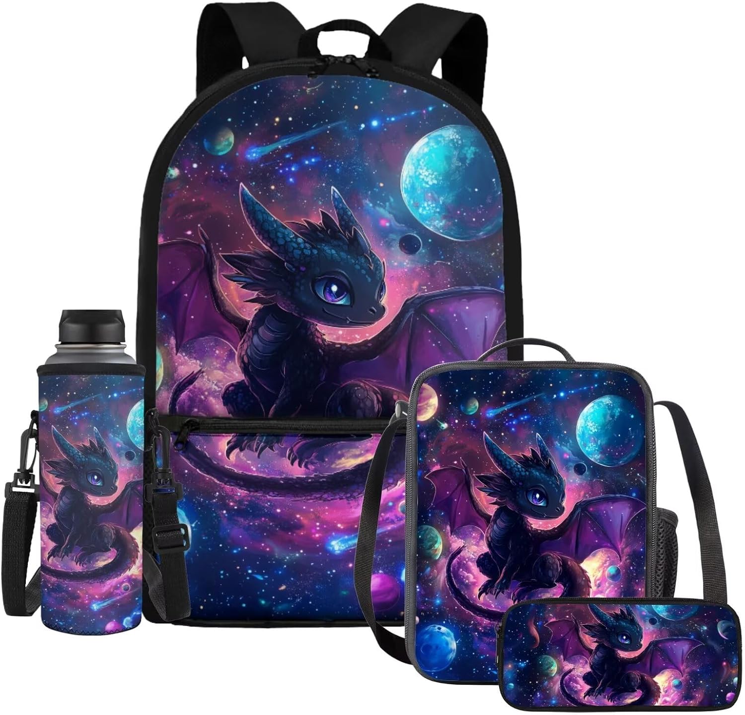 WELLFLYHOM Custom Cat Girls Elementary Backpack with Lunch Box Pencil Pouch Water Bottle Sleeve Galaxy Planet Personalized 4 Pcs Kids School Book Bag Daypack Set for School Sport Travel