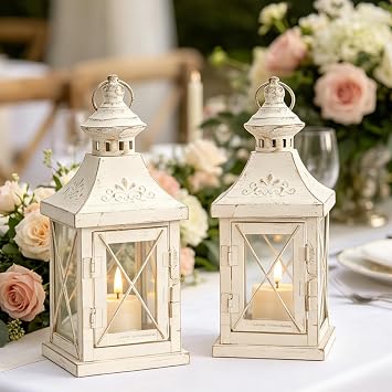 TRIROCKS Set of 2 Decorative Candle Lantern 11 High Metal Candle Holder Hanging Lantern Perfect for Home Decor Halloween Living Room Parties Events Tabletop Indoors Outdoors White with Gold Brush