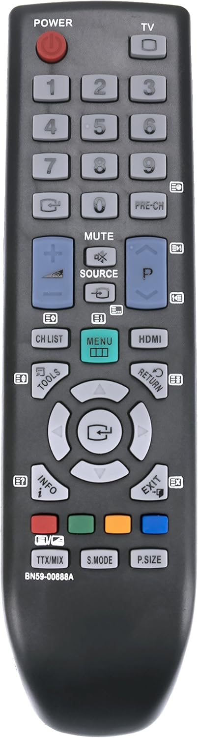 Front view of the ECONTROLLY BN59-00888A replacement remote control, showing all buttons and their labels.