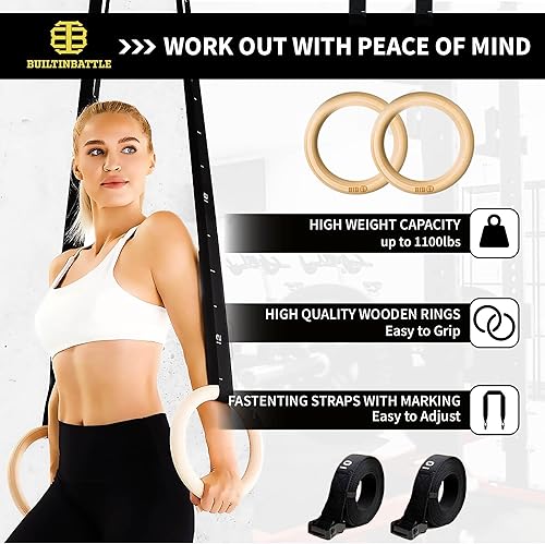 Miniatura 6 de Built-In-Battle BUILTINBATTLE - Anillos de gimnasia de madera con correas numeradas ajustables, 15 pies de largo, anillo olímpico de 1.260 in1.25