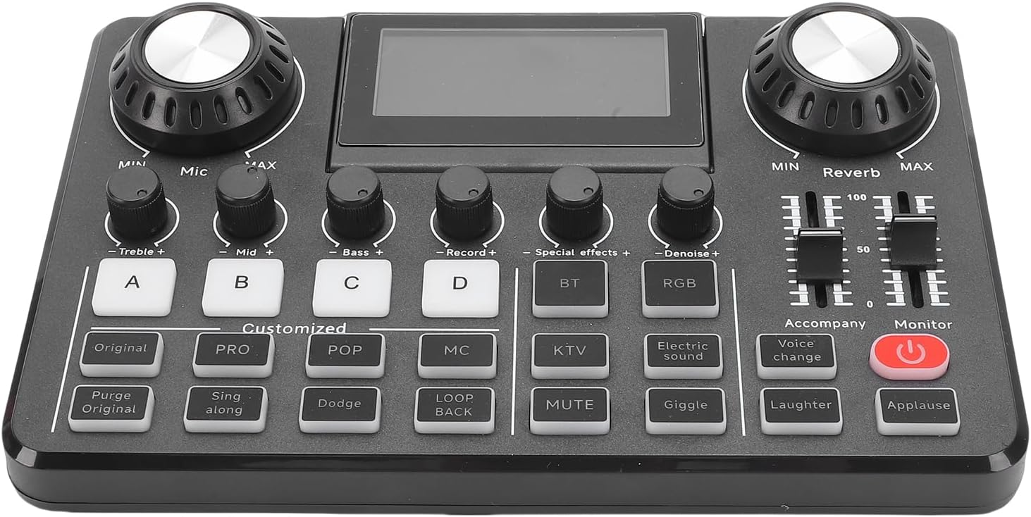 Live Sound Card, Professional Audio Mixer with LED Display & Voice Changer, Noise Reducing OTG Audio Mixer with RGB Lighting for Live Streaming Mobile Phone PC Gaming