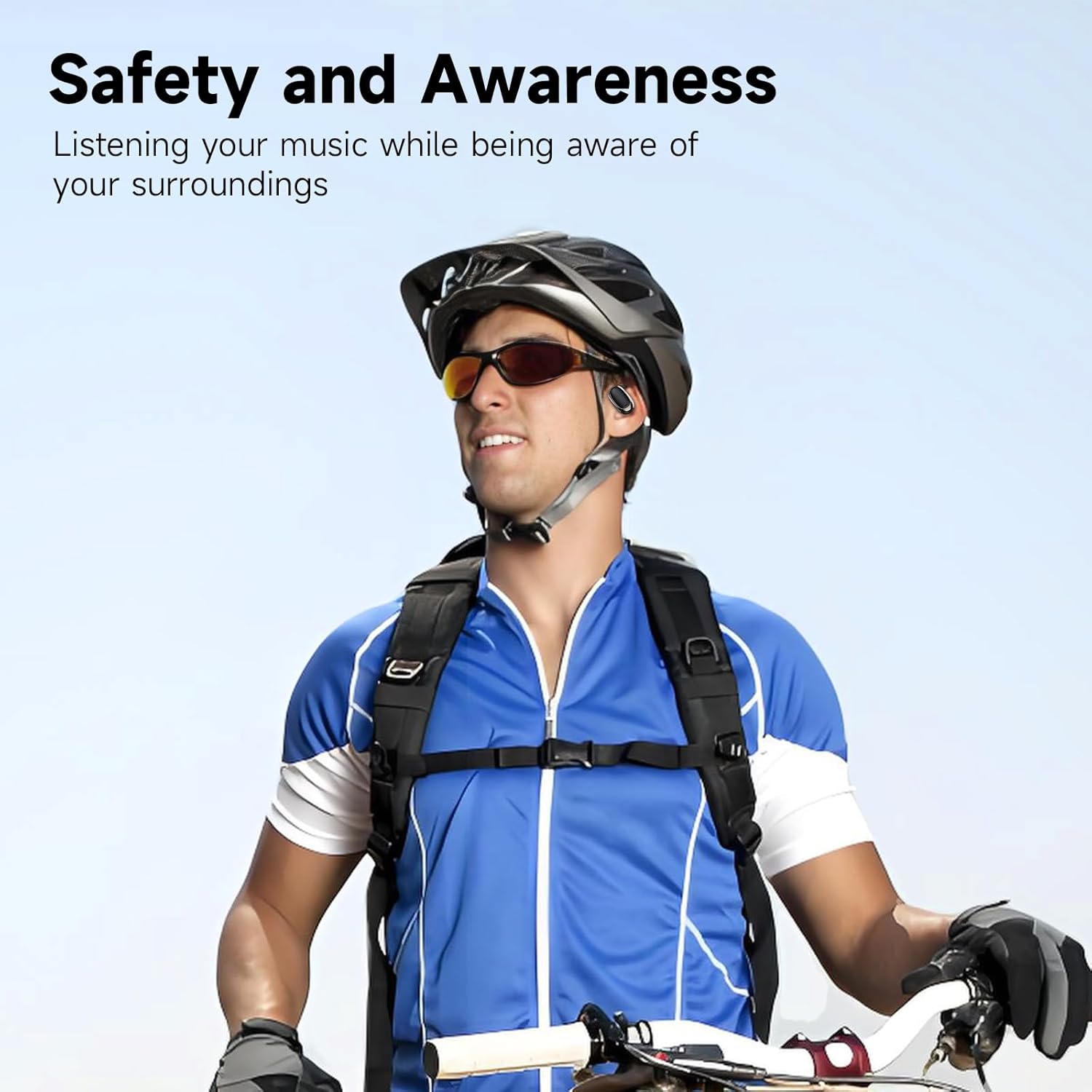 Man cycling wearing IFECCO S17 headphones, emphasizing safety and awareness