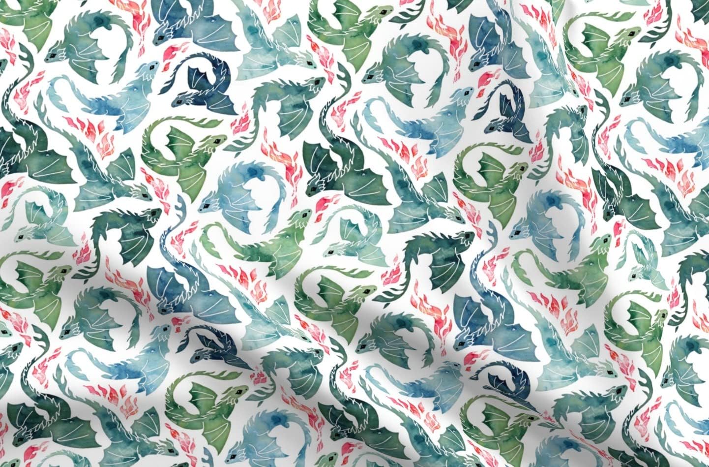Spoonflower Fabric - Watercolor Dragon Mystical Fantasy Flying Dragons Sea Green Fire Printed on Upholstery Velvet Fabric Fat Quarter - Upholstery Home Decor Bottomweight Apparel
