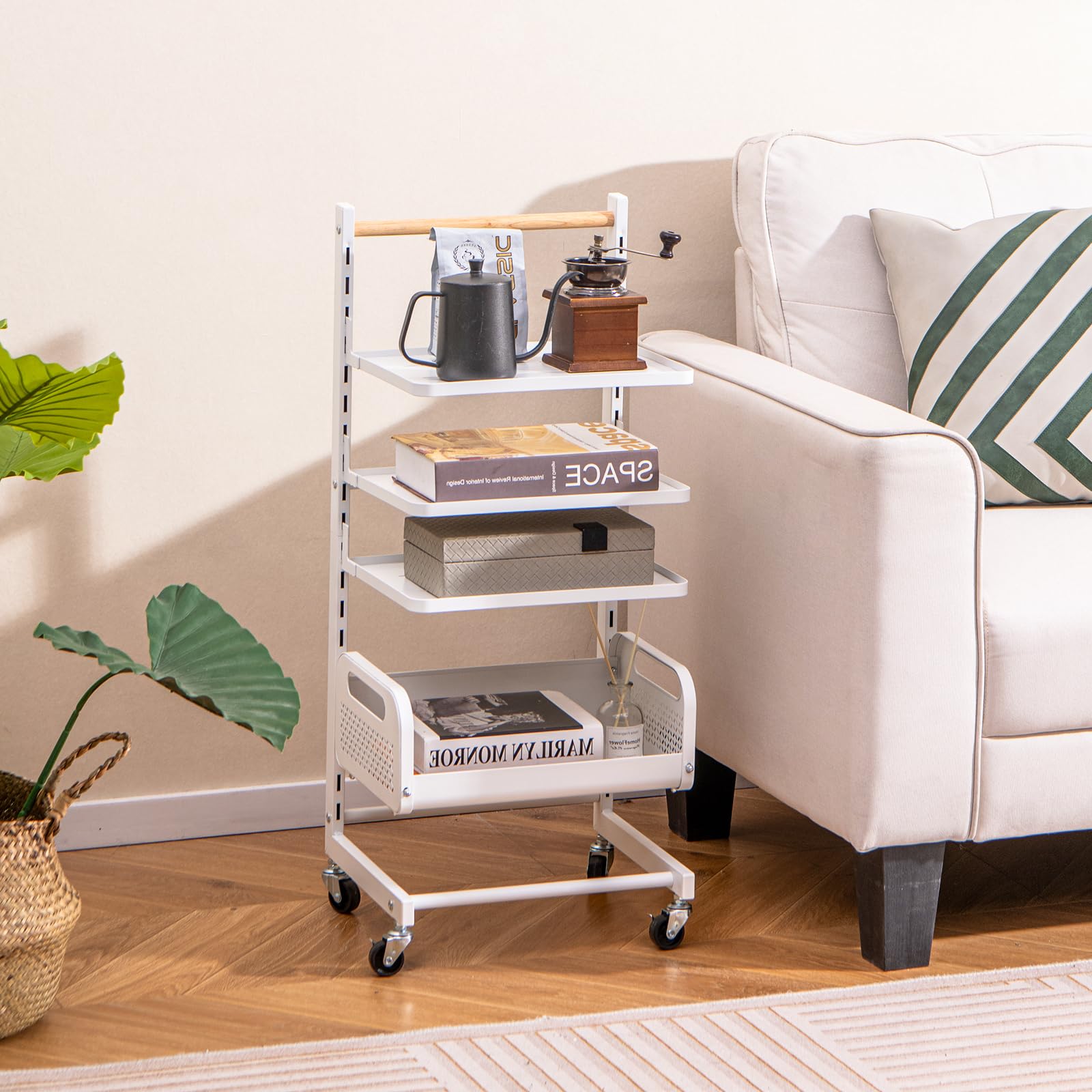 HOMASIS Carrello Portaoggetti con 3 Ripiani e un Cestino, Carrello con Ruote Portatutto Cucina, Carrellino Salvaspazio e Regolabile in Ferro e Legno, Portata 20kg, 35,5 x 29 x 84,5 cm, Bianco