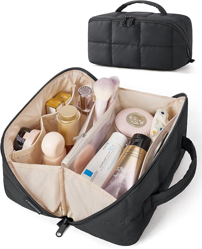 Necessaire de maquiagem BAGSMART preta com abertura plana e bolsos em PVC