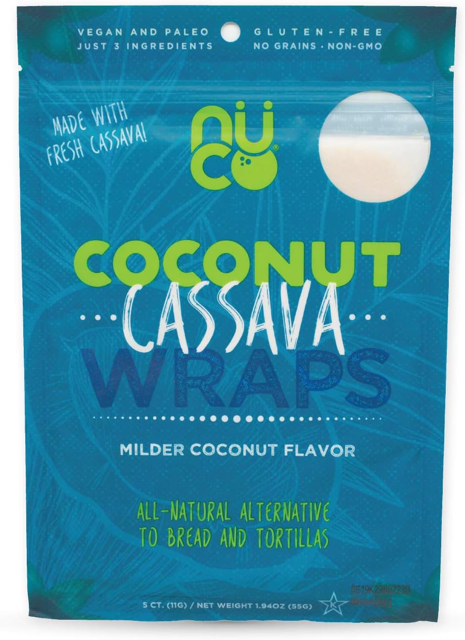 All Natural, SHELF STABLE, Paleo, Gluten Free, Vegan Non-GMO, Raw Veggie NUCO Coconut Cassava Wraps. Crafted with Fresh Cassava, Milder Coconut flavor, Low Carb and Yeast Free 5 Count