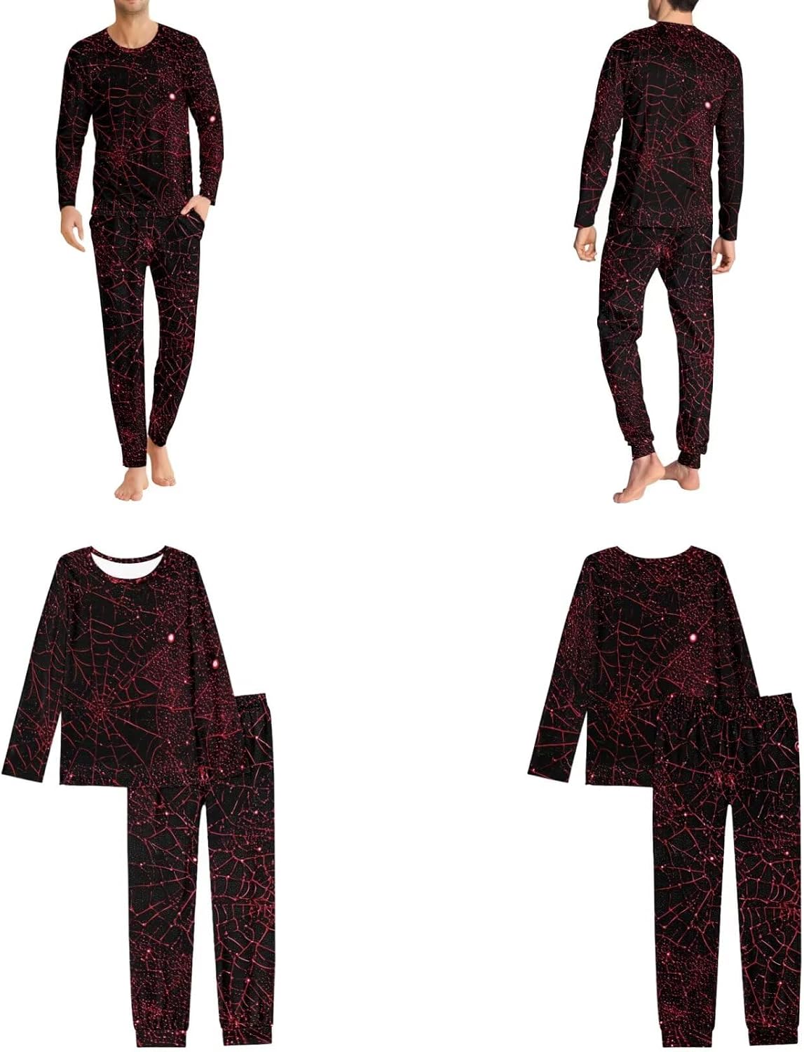 COEQINE Halloween Family Pajamas Womens Long Nightgowns Soft Crew Neck Sweatsuits with Pocket for Couple and Dog Bandana