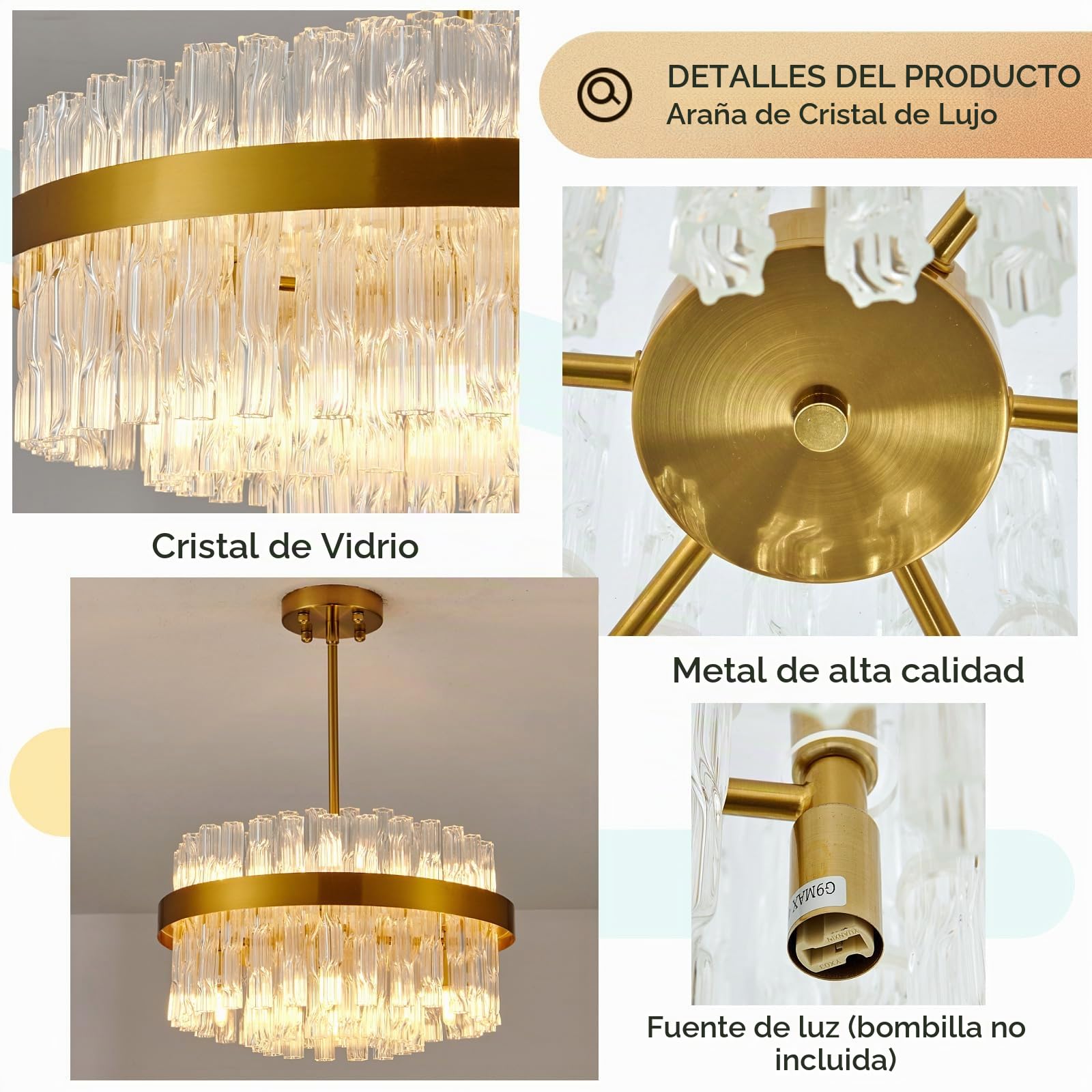 Lámparas de araña de cristal dorado, lámparas de techo empotradas, lámparas de araña redondas, lámparas colgantes para salón, isla de cocina, mesa de comedor, pasillo, G9 x 8 luces, 40 cm