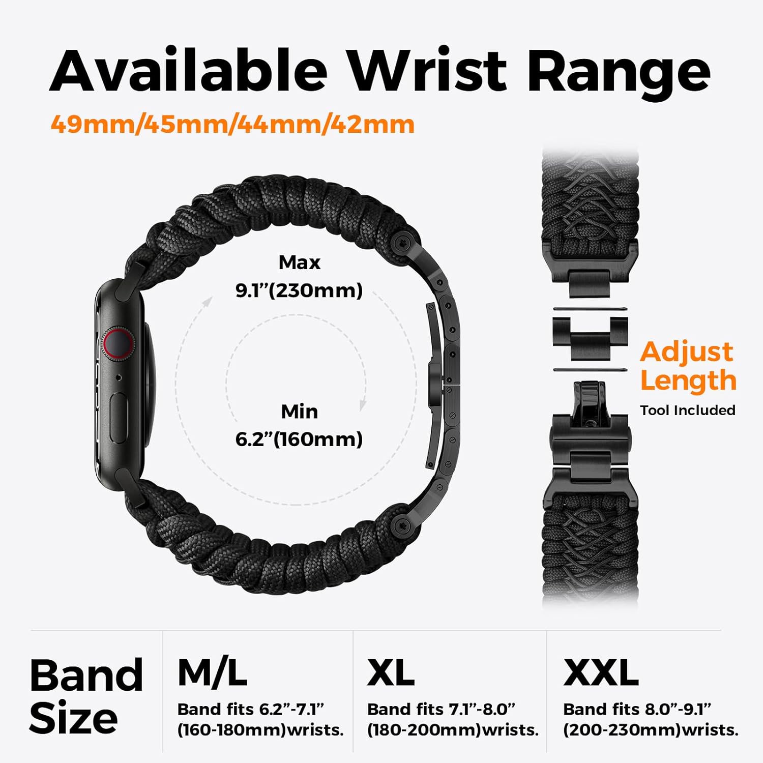 Tefeca Titan Series Paracord Band Compatible with Apple Watch Ultra 2/49mm, Series 10/46mm, 9/8/7/45mm, SE2/SE/6/5/4/44mm, and 3/2/1/42mm