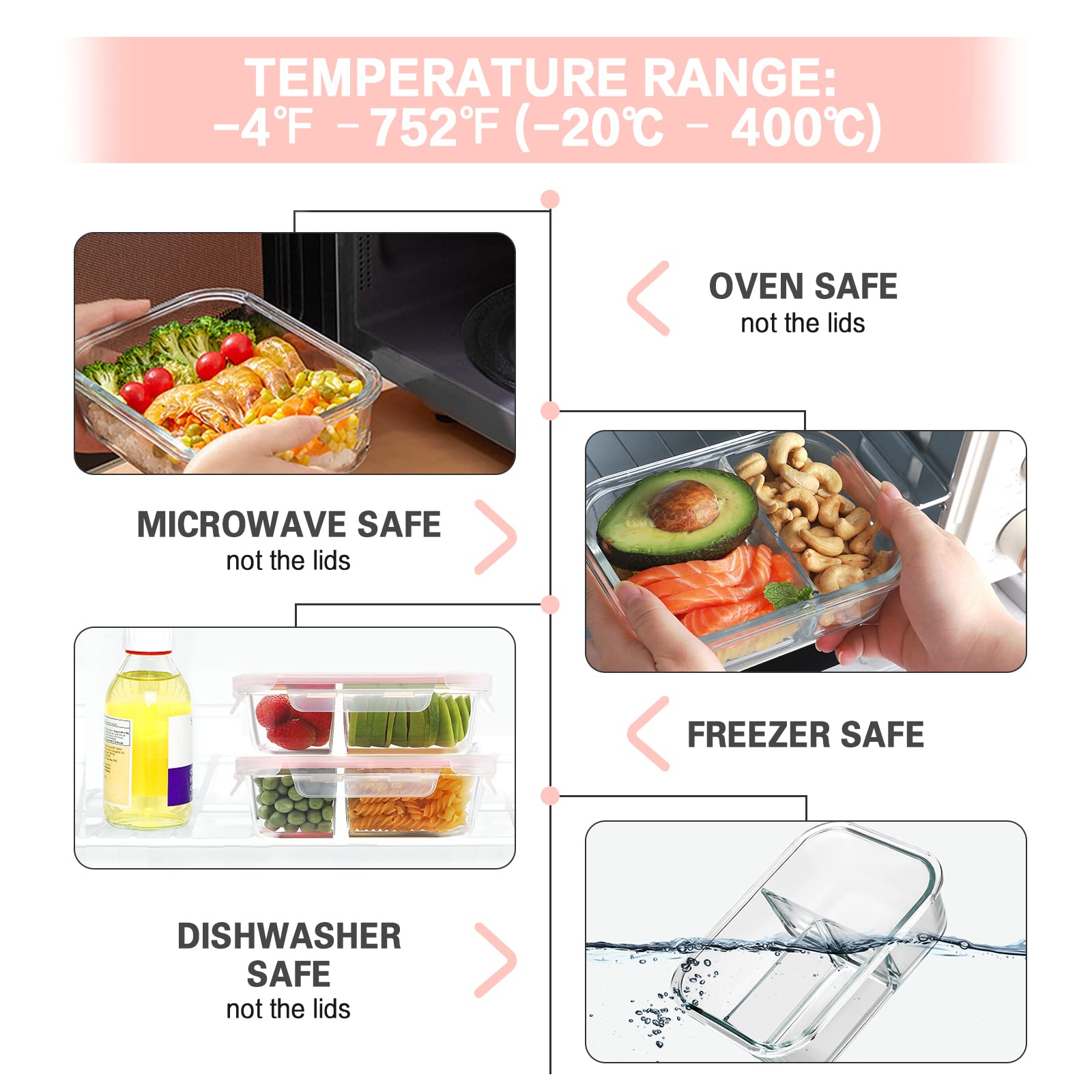 Bayco Paquete de 9 recipientes de vidrio para preparación de comidas, 3, 2 y 1 compartimento, recipientes de vidrio para almacenamiento de alimentos con tapas, cajas bento de vidrio herméticas, sin