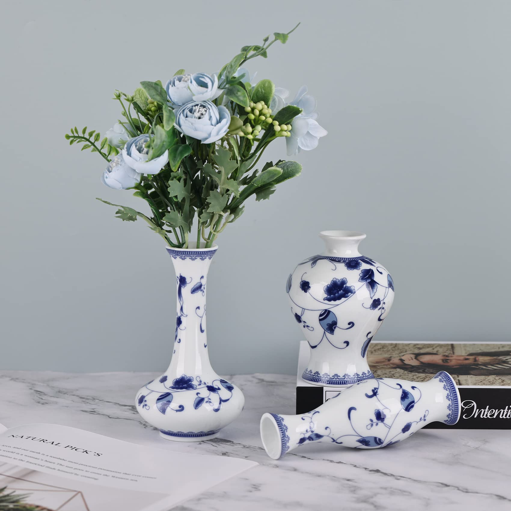 青と白の陶器花瓶3点セット Amazon.co.jp: シノワズリー 青と白の磁器 3点 プチ花瓶