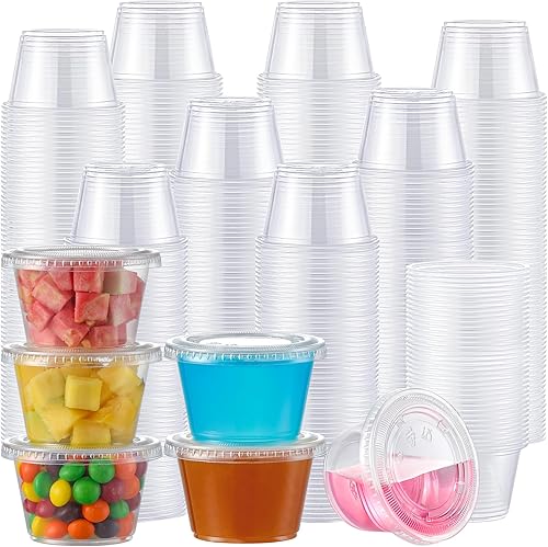 AOZITA Juego de 400 tazas de porciones de 5.5 onzas, vasos de gelatina con tapas, vasos desechables de plástico para salsa de condimentos,