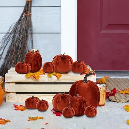 Miniatura 6 de Juego de 12 calabazas artificiales surtidas, decoración de calabaza de terciopelo marrón, calabaza, Acción de Gracias, Halloween, cosecha de otoño,