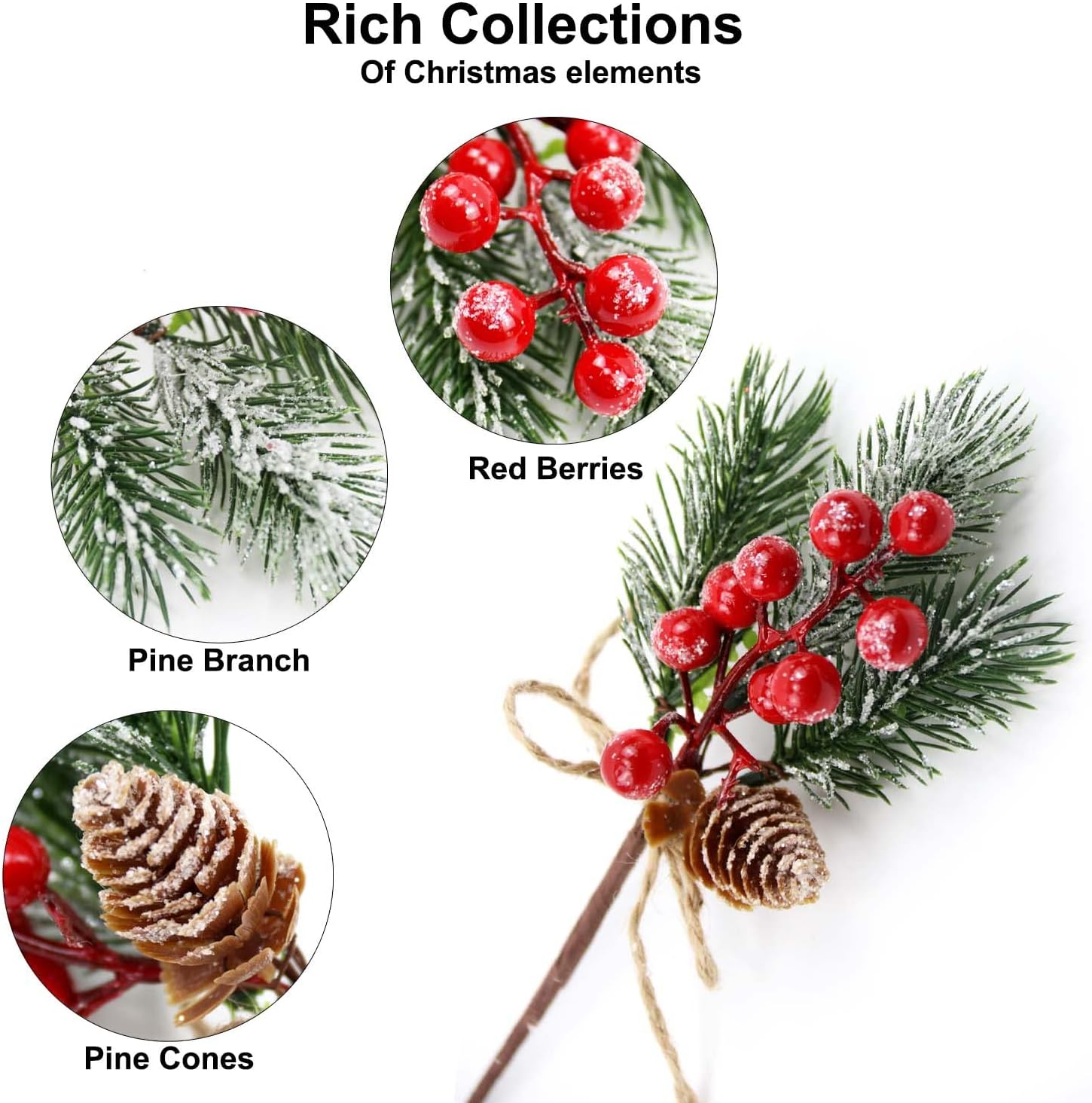 KLEWEE 10 PCS Christmas Berry Picks Glitter Christmas Picks and Sprays Artificial Pine Branches with Red Berry Stems Pine Cones Christmas Greenery for Crafts, Holiday Décor, Wreaths Xmas Decorations