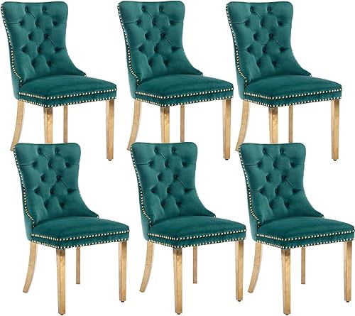 Miniatura 49 de Juego de 4 sillas de comedor de terciopelo beige, sillas tapizadas modernas para comedor con respaldo capitoné y acentos de madera, patas curvas de