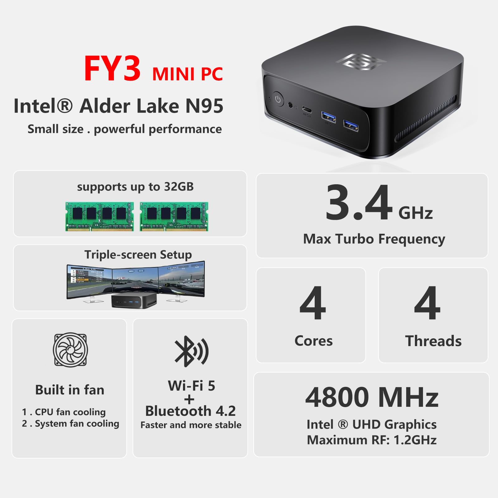 FUNYET Mini PC, Alder Lake-N95 (fino a 3.4 GHz), 16GB RAM 512GB SSD Mini Desktop Computer, Win11 Pro, Micro Desktop PC Computer, Supporto 3.0" SATA SSD, WiFi 5, BT4.2, USB3.2 DP 4K UHD DC HDMI