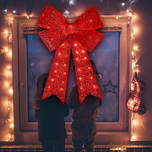 Miniatura 6 de XMASLAND 32 pulgadas 72 LED parpadeantes rojos lazos de Navidad con luces LED, decoración de árbol de Navidad, corona de lazo para decoración de