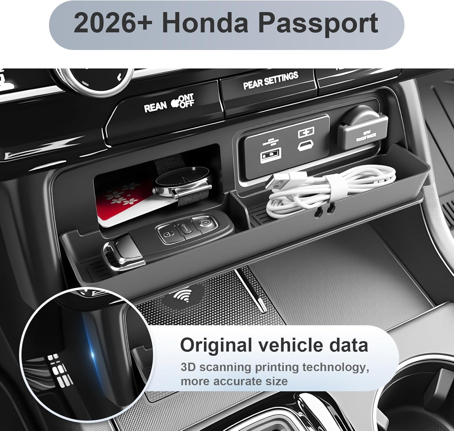 SKTU for 2026 Honda Passport Center Console Organizer 2026+ Passport Expansion Storage Box Honda Passport 2026 Accessories Durable ABS Expansion Console Tray