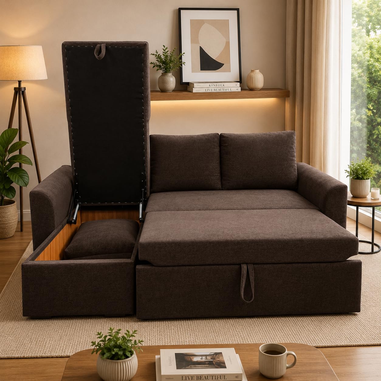 Comfort Designs Creta Textured Premium Polyester Fabric 4 Seater Corner Sofa Cumbed For Living Room, Functional Storage, Soft, Lightweight, Comfortable Sofa (Brown, Medium)-image-25