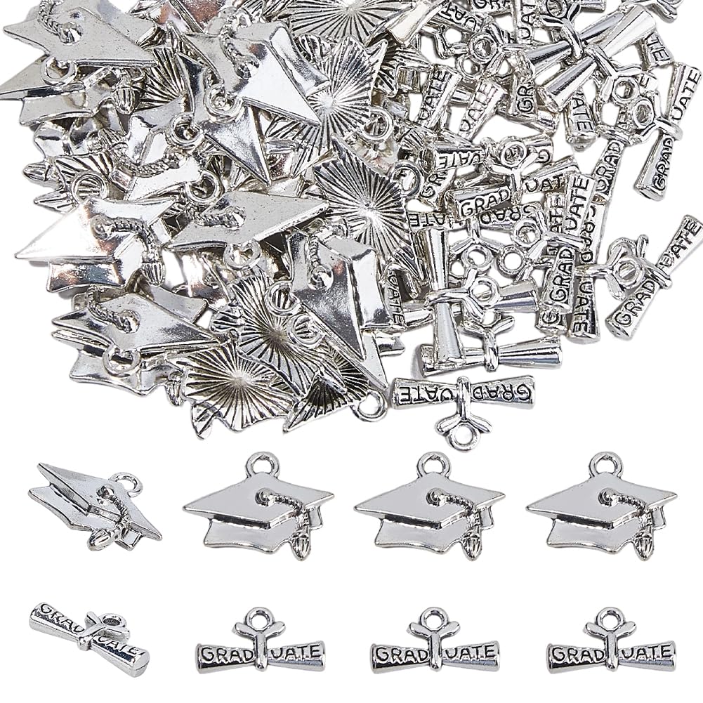 Hobbspring 60Pcs Graduation Cap Pendant Charms Tibetan Style Alloy Antique Silver Hats Diploma Bachelor Cap Charms for Bracelet Earrings Jewelry Making Crafts Decor