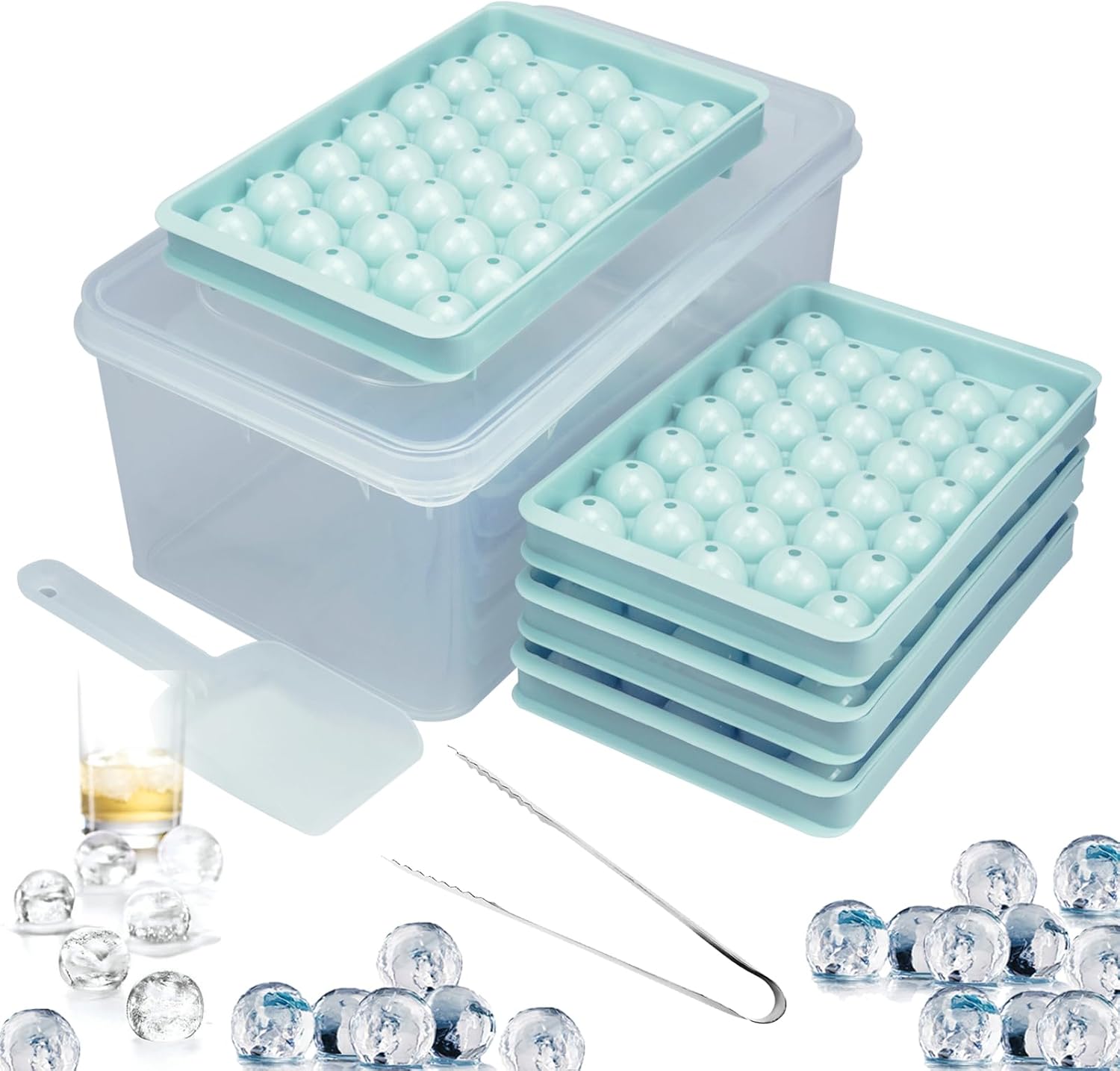 Round Ice Cube Tray with Lid & Bin Mini Circle Ice Cube Tray Making 132PCS Ice Ball Maker Mold for Freezer with Container Sphere Chilling Cocktail Whiskey Tea Coffee 4 Trays 1 ice Bucket & Scoop