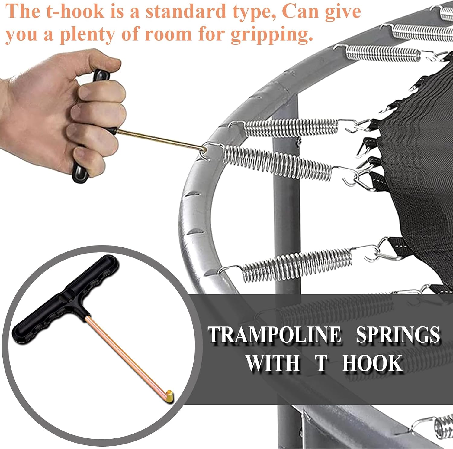 3.7'', 5.5'', 6.5'', 7'' Trampoline Springs,16pcs Heavy Duty Stainless Steel Replacement Trampoline Springs with T-Hook Tool Trampoline Accessories