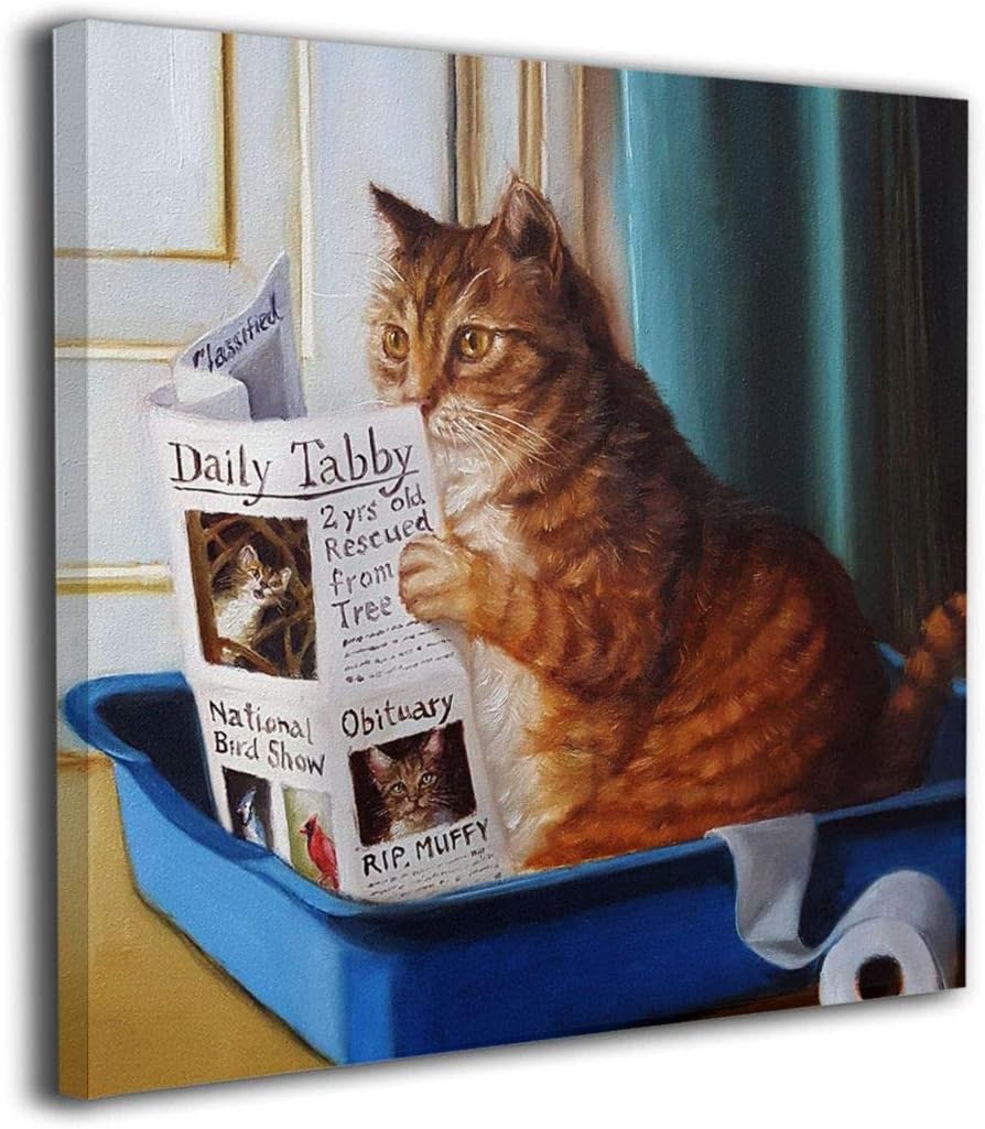 Sarweaydz Cat Toilet Reading Newspaper Paper Picture Canvas Wall Art (12"x12", White)