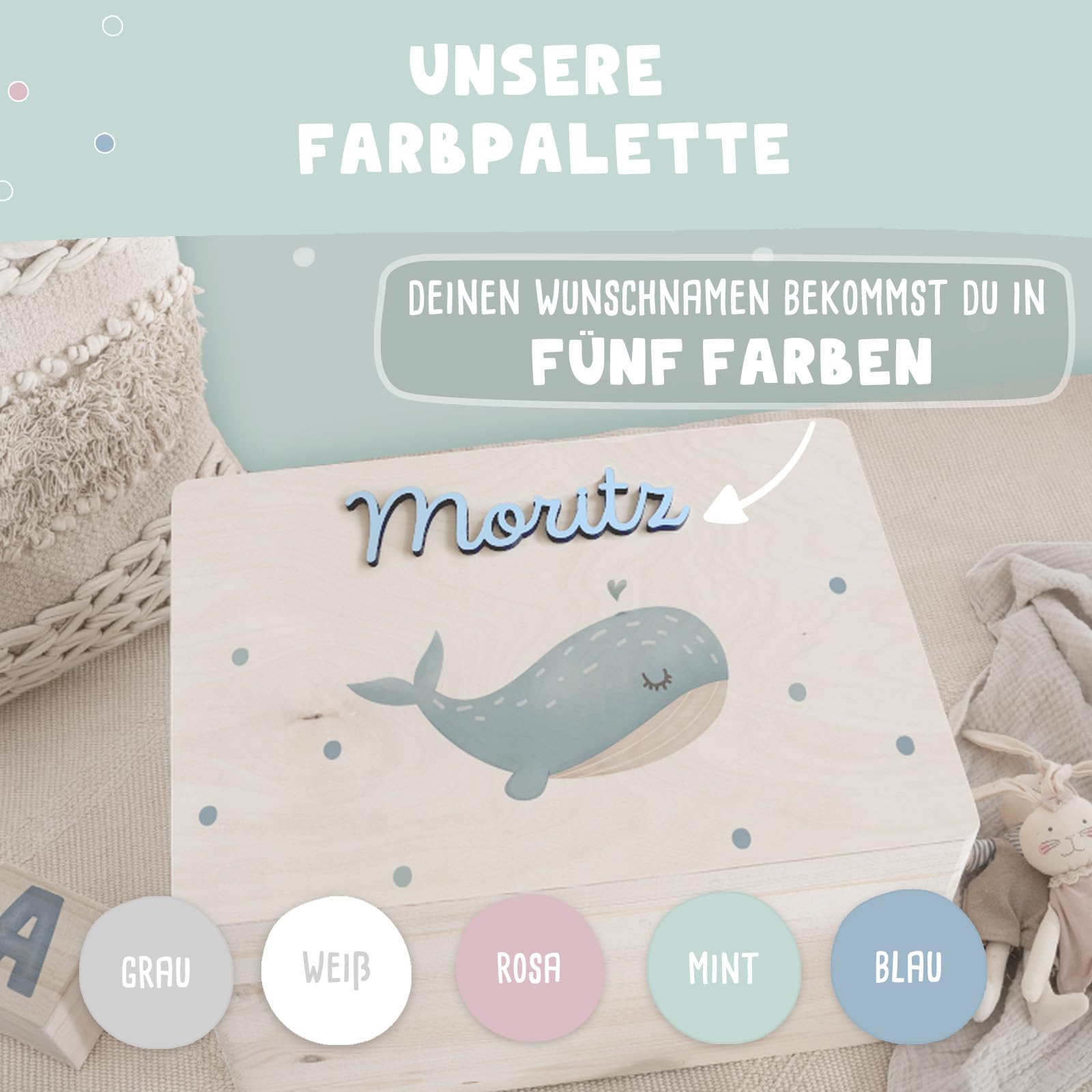 hellomini Personalisierte Erinnerungskiste aus Holz mit 3D-Namenszug – Geschenk zur Geburt, Taufe, Geburtstag – Kiste für Baby Andenken – Motivdruck oder Gravur (Gravur - Blumenkranz, XL: 60x40x23cm)