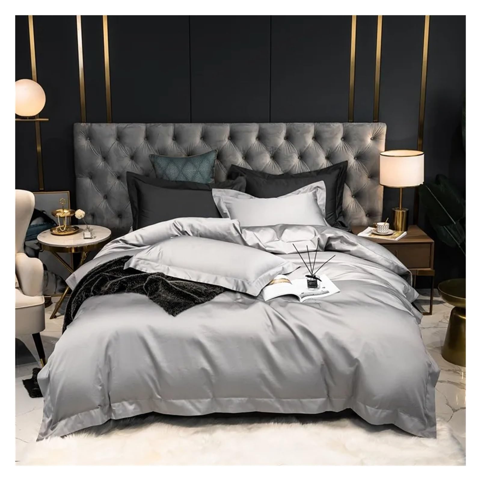 Cotton Bedding Set Solid Gray Queen King 4Pcs B-Fitted Bed Sheet Queen 4PCS