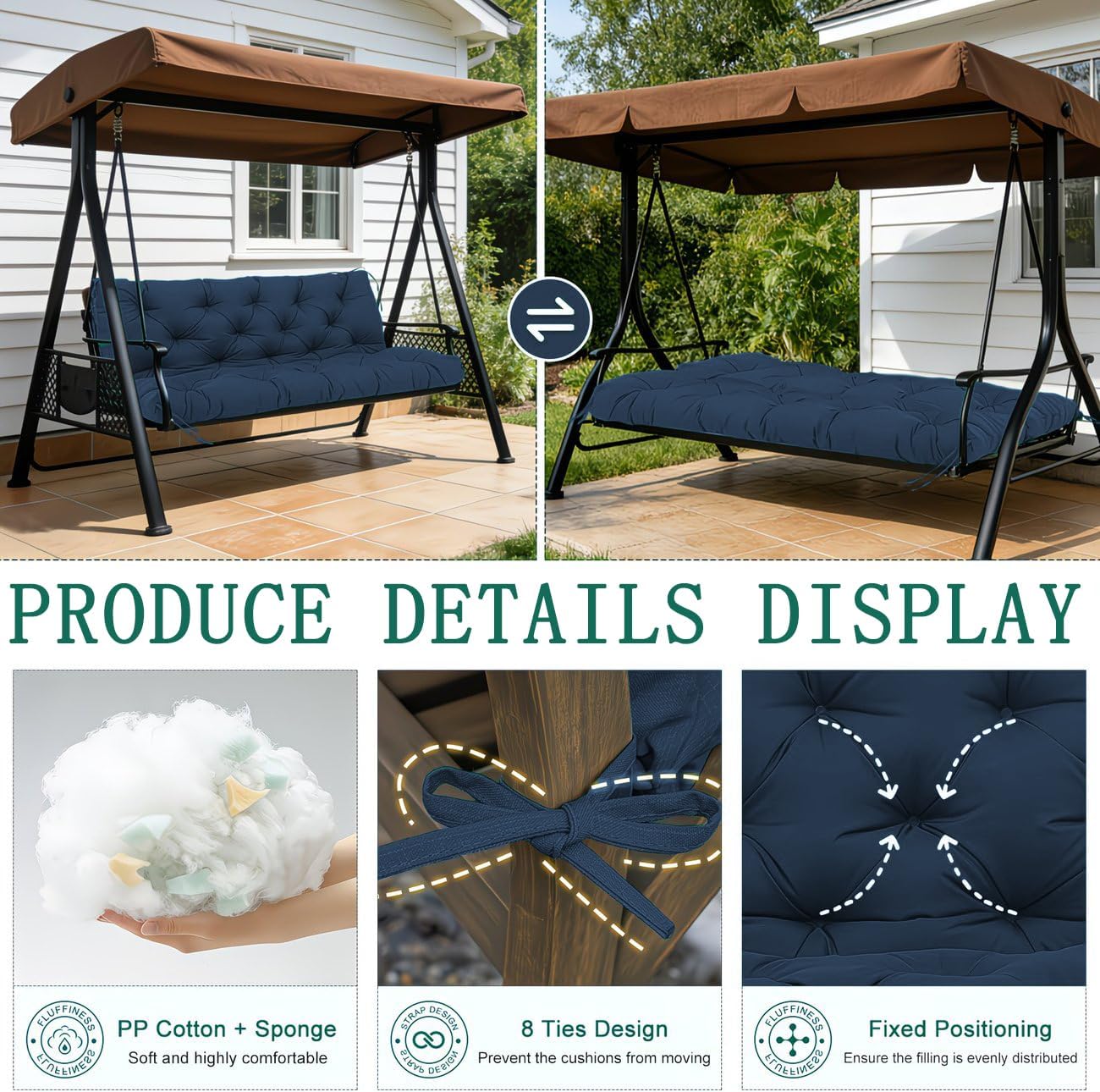 Porch Swing Cushions 3 Seater Replacement with Backrest, 60 inch Waterproof Outdoor Swing Cushion for 2-3 Seat, Thickened Universal Bench with Non-Slip Ties for Patio, Garden (navy blue, 60x40inche)