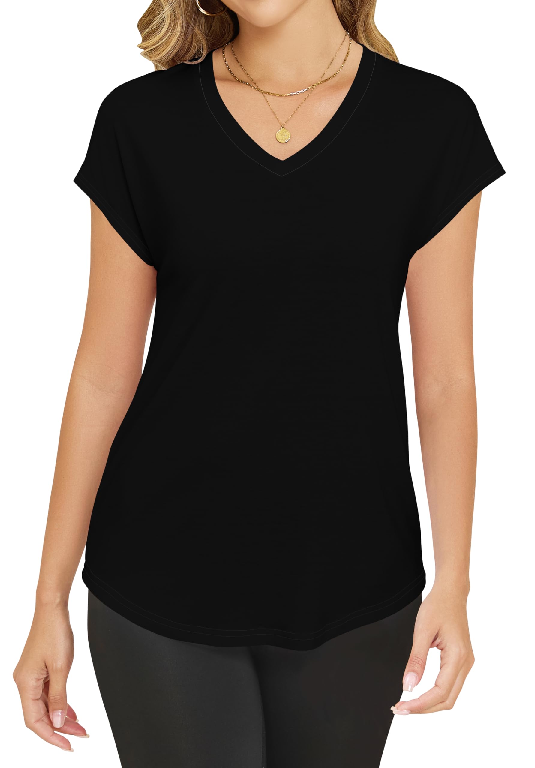 Smile Fish Women Short Cap Sleeve V Neck T-Shirts Casual Loose Fit Tops Summer Top Tees