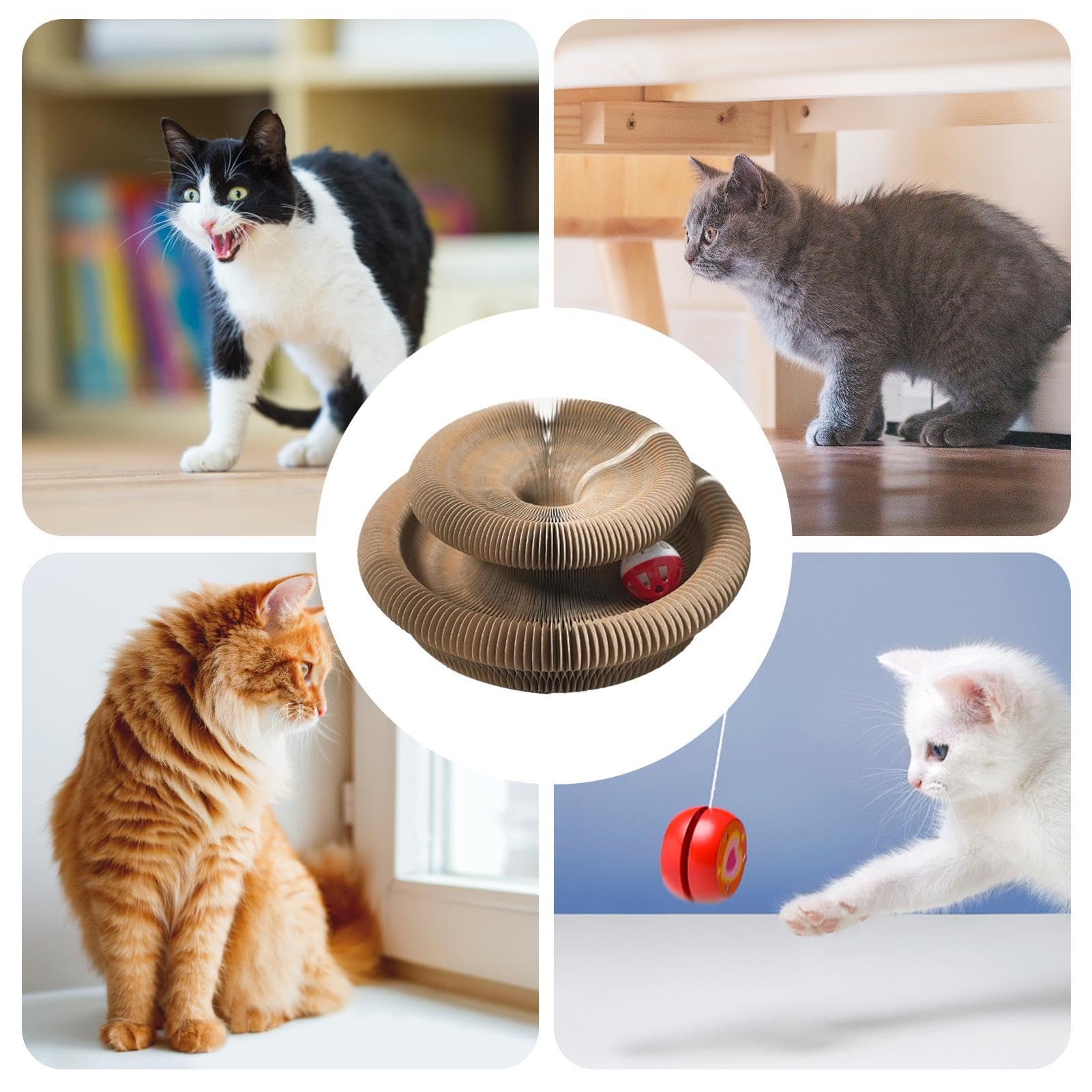 Cat Scratch Pad, Round Cat Acordeon Toy, Interactive Cat Scratcher Ramp, plegable Cat Cardboard Toys, Cat Toy with Bell Ball, Indoor Cat Boredom Relief, Sturdy Cat Scratcher for Pets