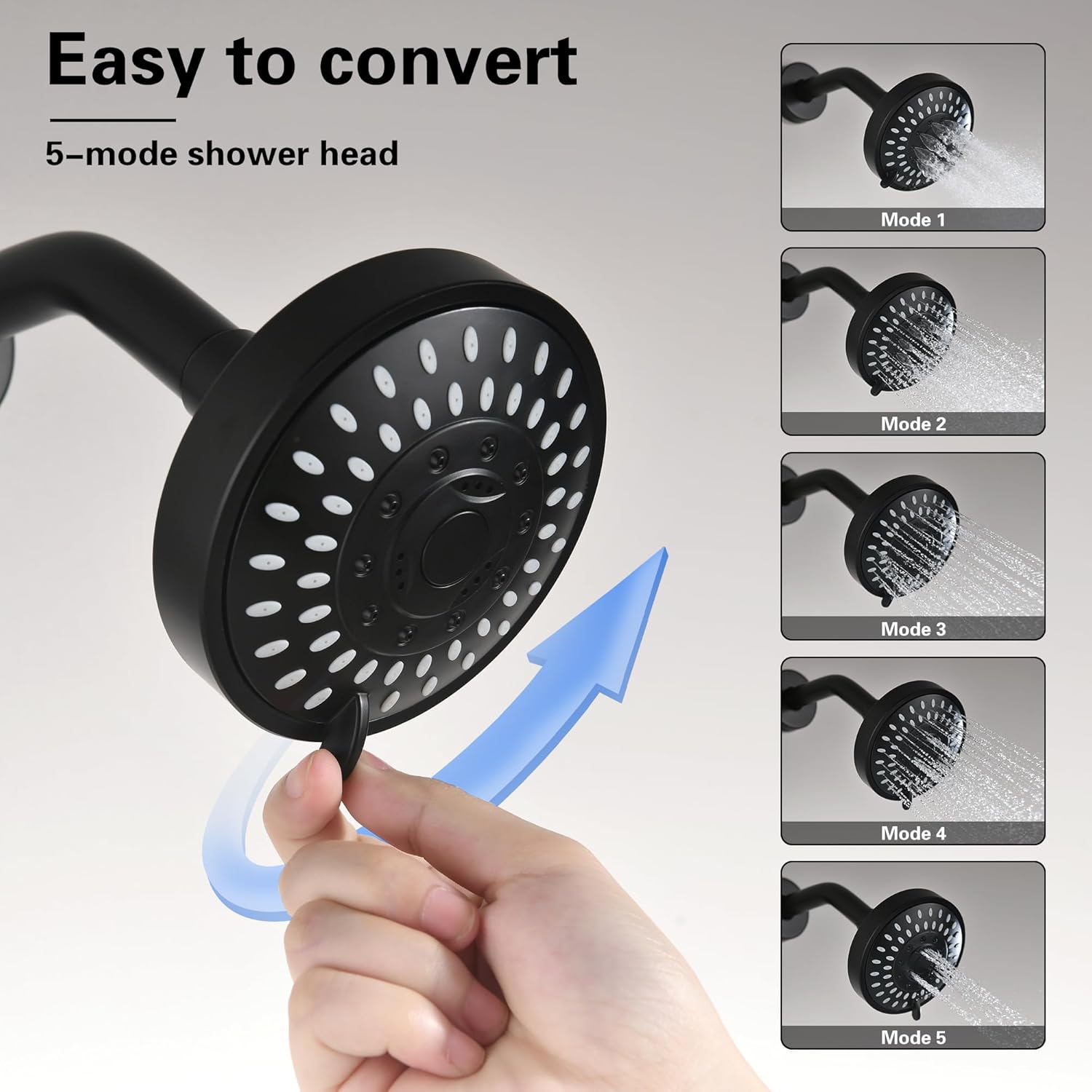 Image showing a hand adjusting the lever on the matte black shower head to cycle through 5 different spray modes, each depicted with a unique water pattern.