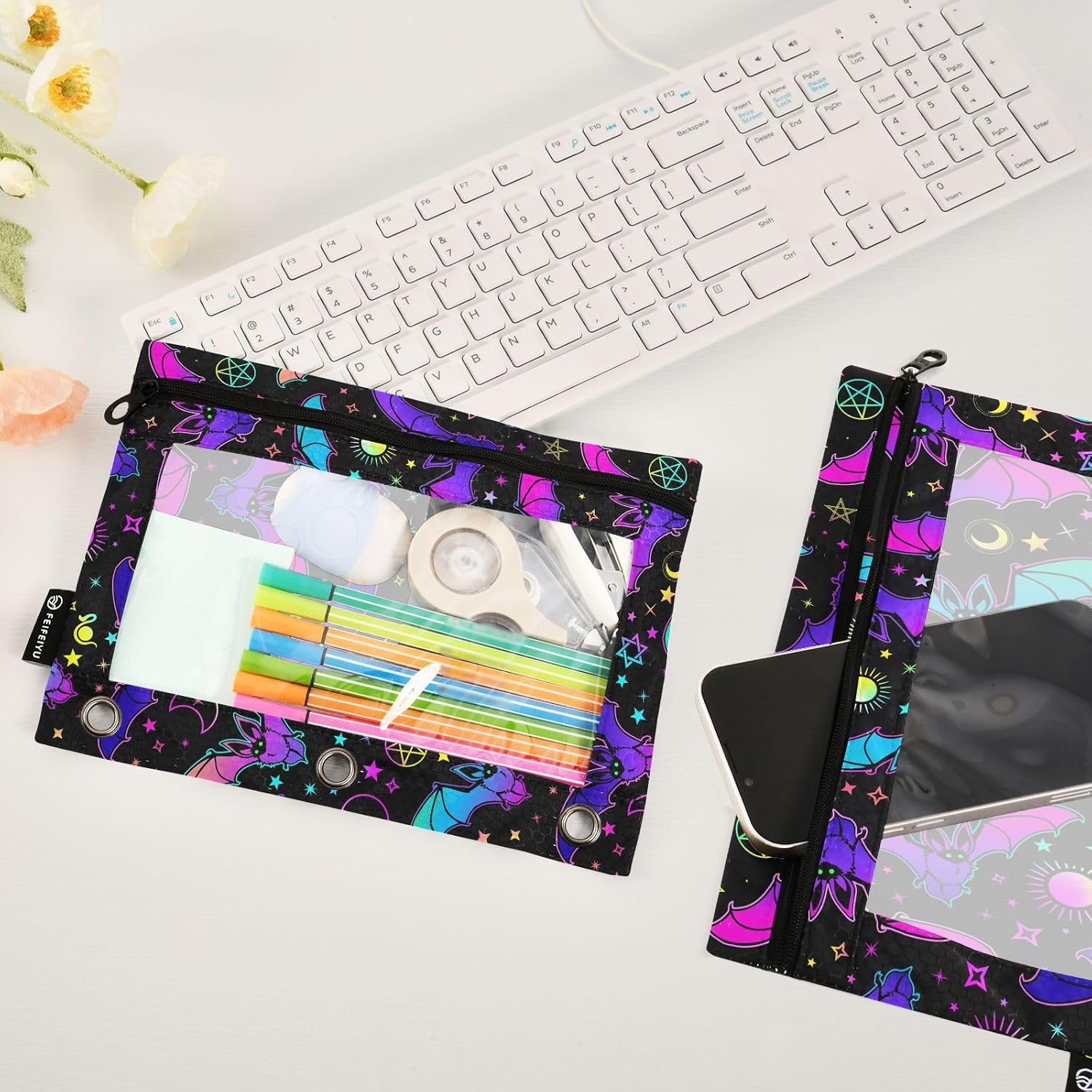Bat Magic Binder Pencil Pouch 2 Pack,3 Ring Binder Zipper Pen Case with Clear PVC Window, Stationery Organizer for School,Office,Cosmetics image 4