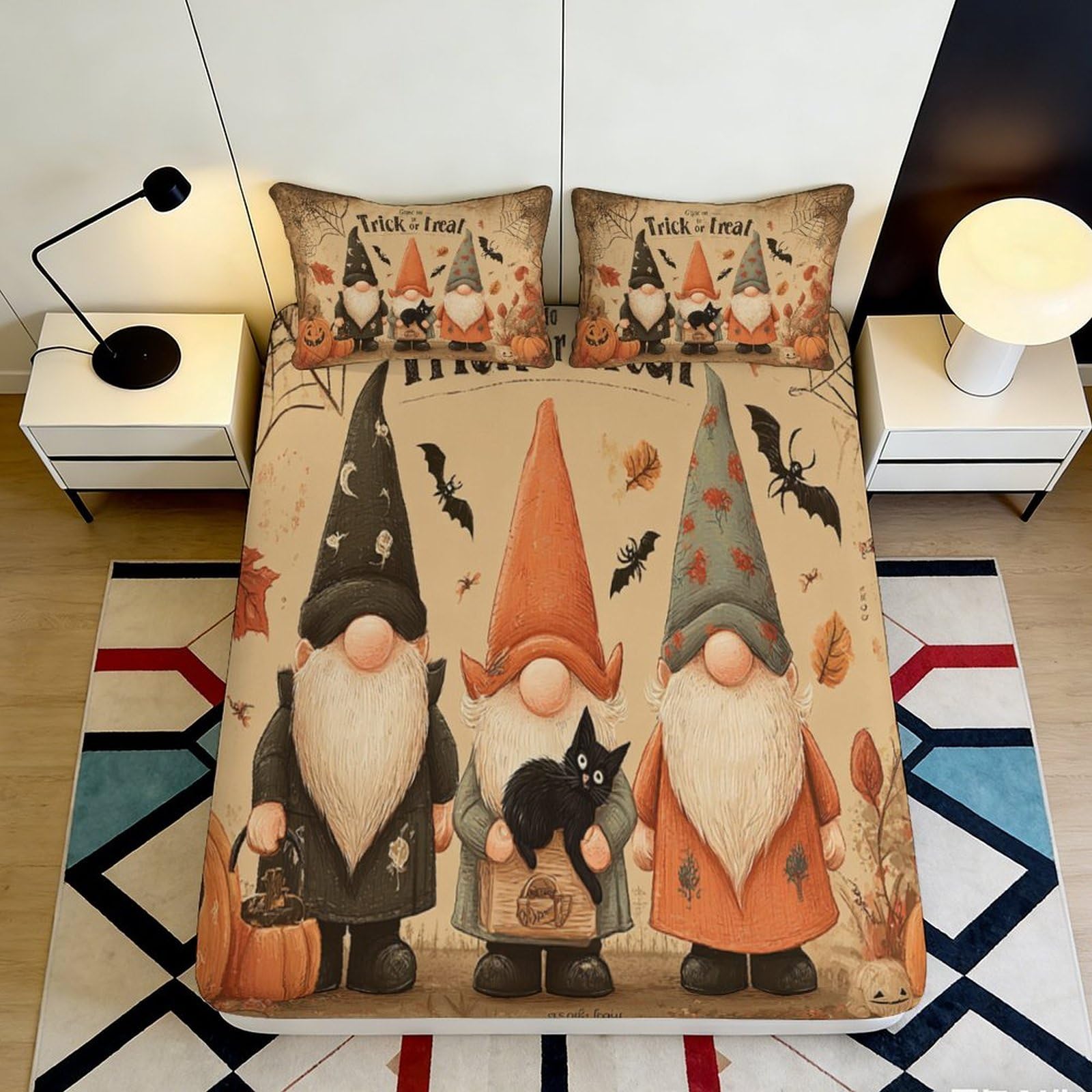 3D Printed Halloween Gnome Fitted Sheet Microfiber Soft Orange Black Cartoon Bat Pumpkin Bed Cover for Bedroom Guest Room 90x200x25cm