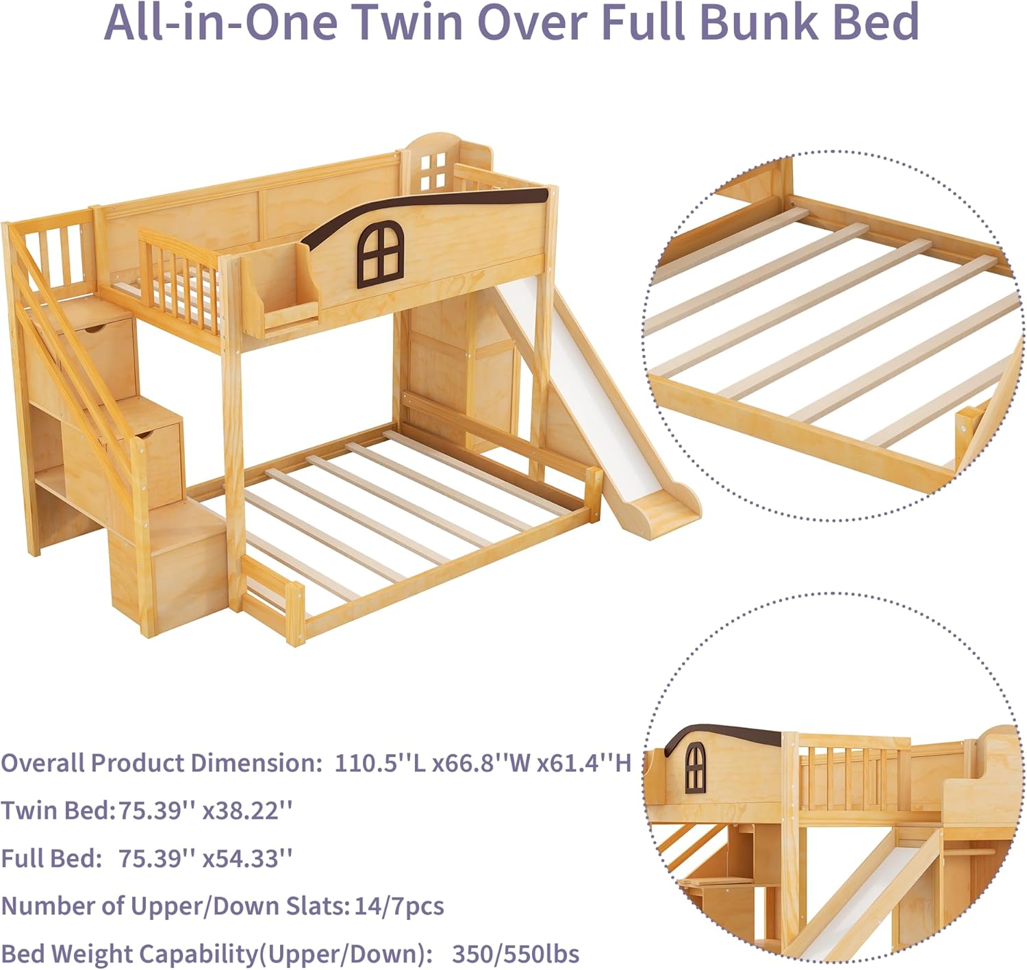 Polibi Twin Over Full Bunk Bed with Slide, Storage Staircase, Wardrobe & Shelf - All-in-One Kids Bedframe, Space Saving, No Box Spring Needed, Natural and Espresso Finish