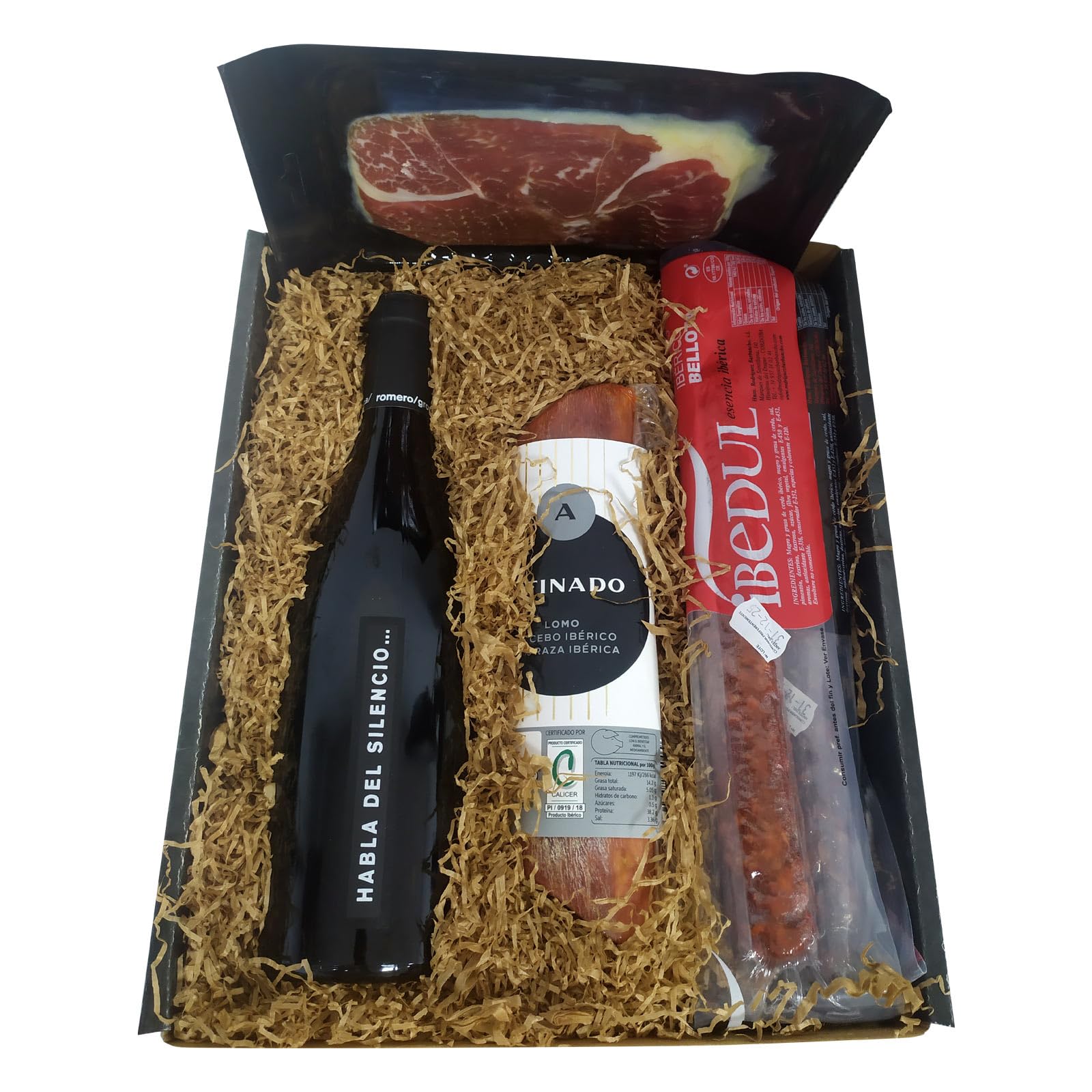 Deliex delicias de Extremadura. Lote de ibéricos con vino Habla del Silencio. Cesta regalo con jamón, embutidos ibéricos y vino.