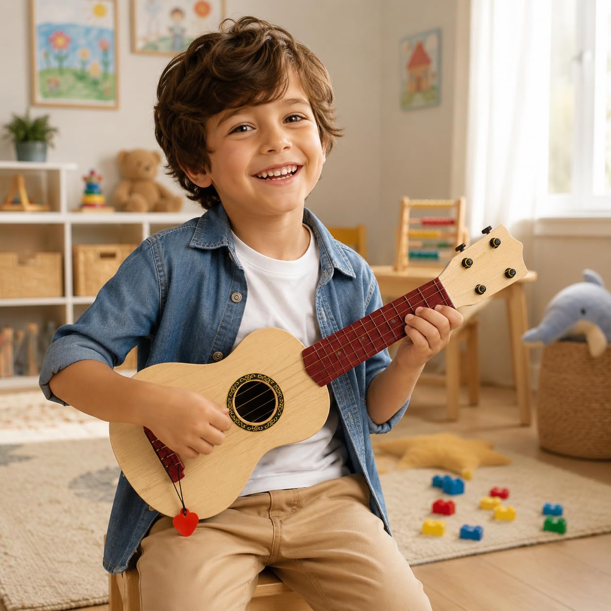 Guitarra para niños con 4 cuerdas y púa ukelele juguete instrumento musical para niños guitarra clásica de plástico cm 58 ukelele 4 cuerdas instrumentos musicales juguete educativo (a)