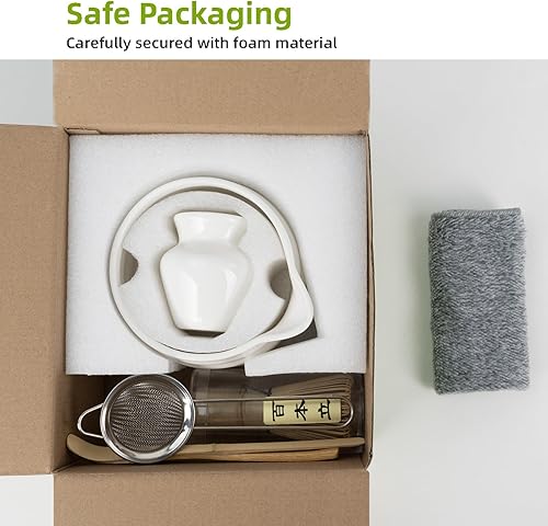 Miniatura 7 de Juego de batidor de matcha, kit de 7 piezas, juego de matcha de cerámica premium, batidor y cuenco, tamiz, soporte para tazas, cuchara de bambú,