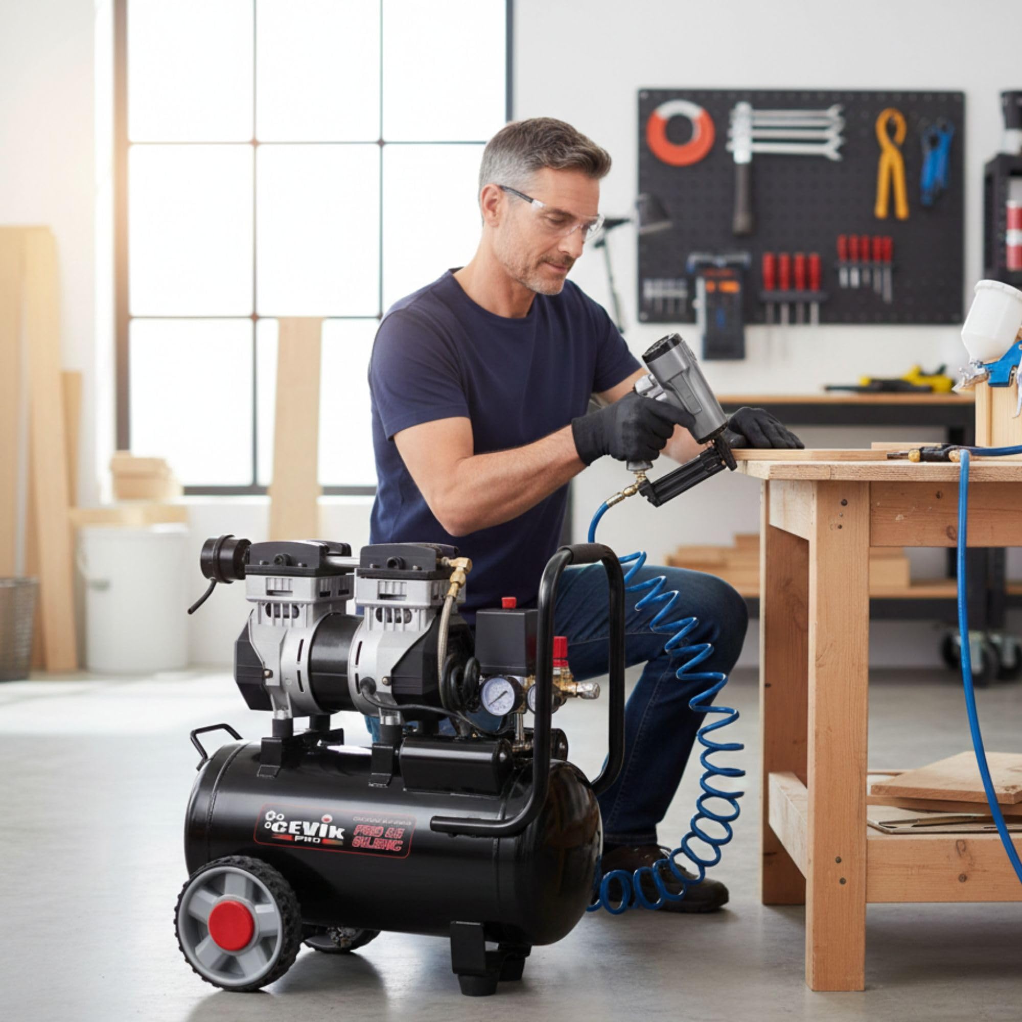 CEVIK PRO CA-PRO25SILENC Compressore Aria Silenzioso 25L 1.5HP 150 l/min 8 Bar Senza Olio Portatile Doppia Uscita