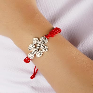 Pardon Crucifix Religious Bracelet for Women Men,St Benedict Bracelet,Milagrosa Medal Bracelets,La Cruz Del Perdon Catolica,Crucifijo Del Perdon,Crucifijos Catolicos,Medalla De San Benito Bracelets(Red)