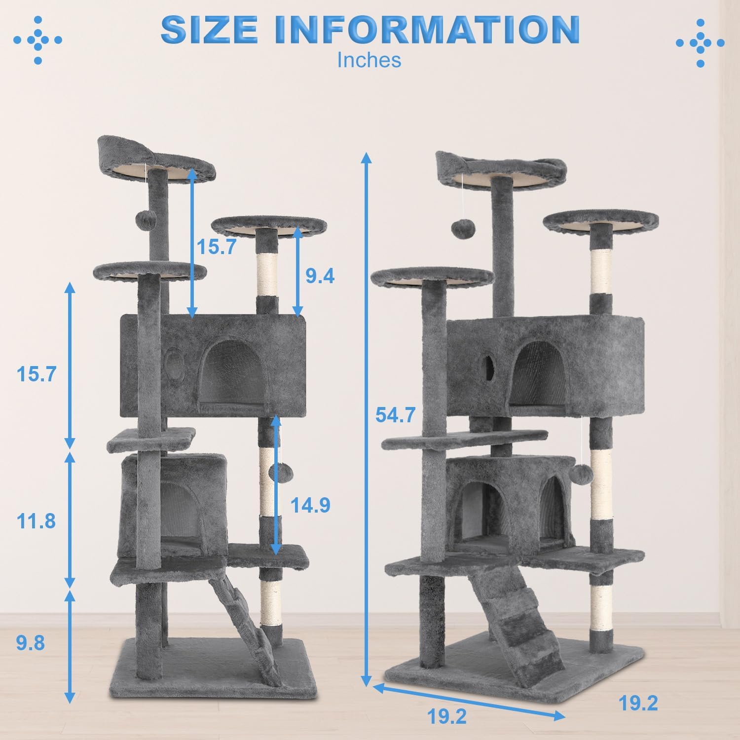 54" Light Gray Multi-Level Sisal Cat Tree Tower