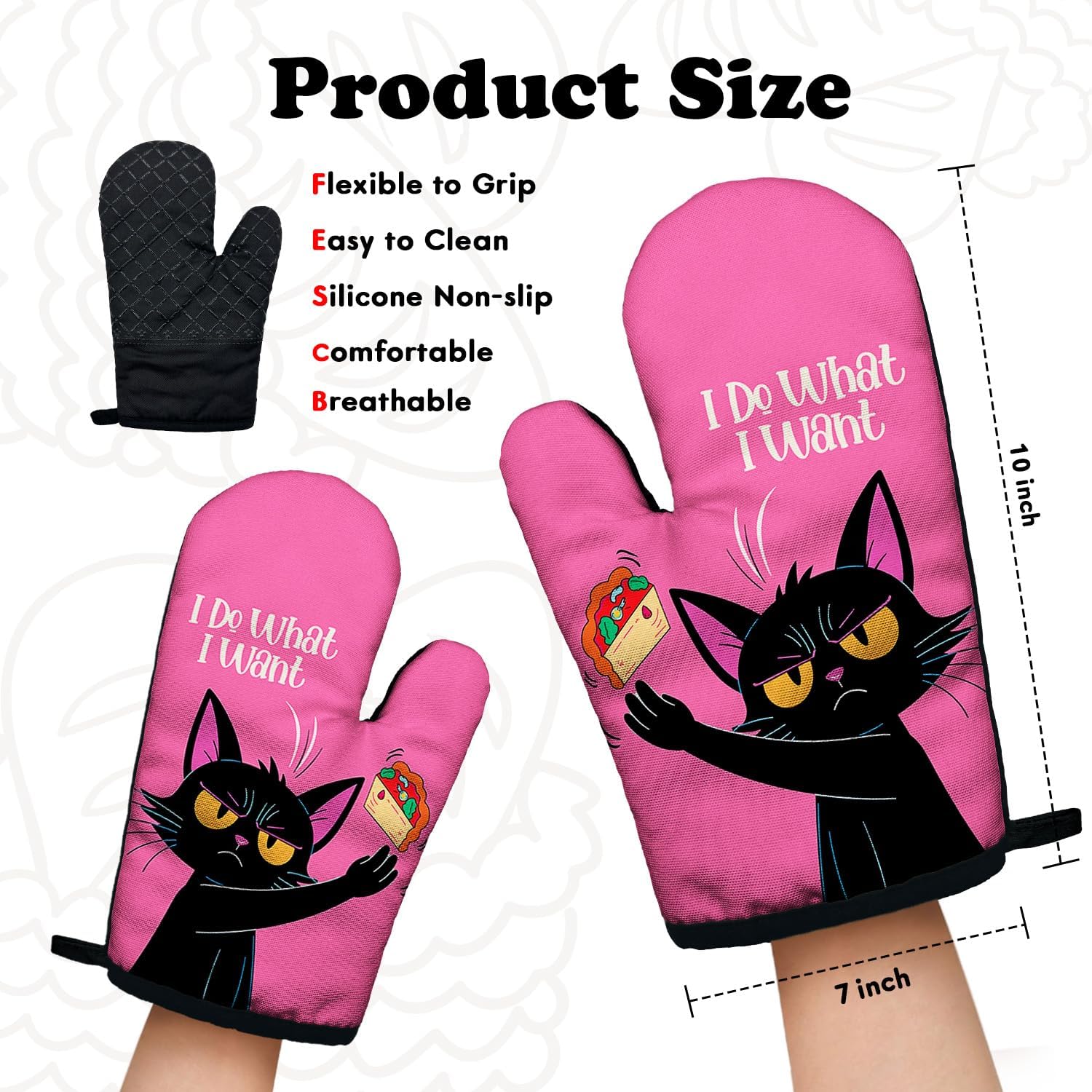 Humor Black Cat Cooking and Baking BBQ Kitchen Gadgets with Heat Resistant Silicone Non-Slip, I do What I Want Oven Mitts Set of 2, Gifts for Cat Lover Hostess Mom Aunt Wife Sister BFF Colleague - Image 2
