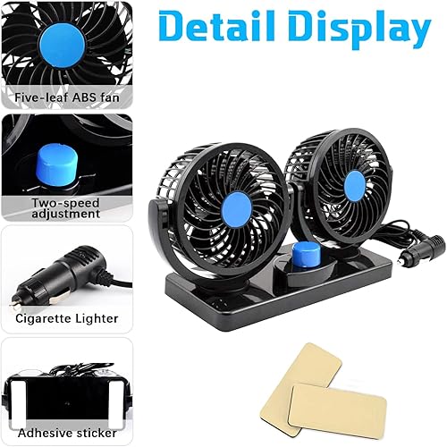 Miniatura 3 de Showvigor Ventilador de coche de 12 V, eléctrico ajustable de doble cabeza, silencioso y fuerte, ventilador de refrigeración de tablero de