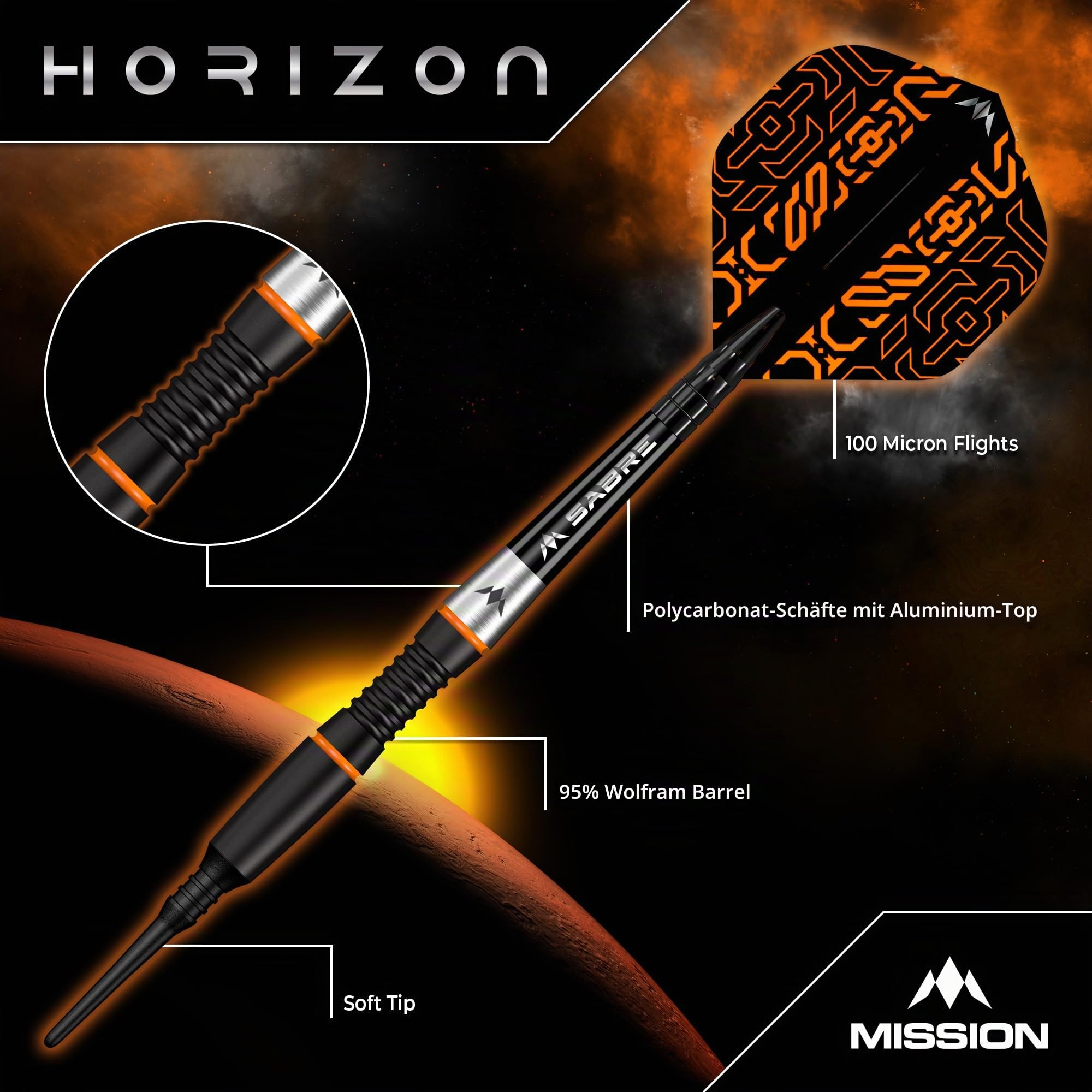 Mission Darts Horizon Dartpfeile mit weicher Spitze, 95 % Wolfram, schwarzes PVD und Orange, 18 g